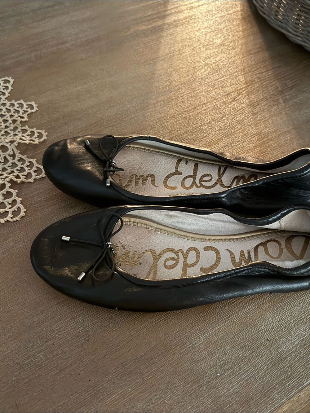 Sam Edelman Black Leather Bow-Accent Ballet Flats